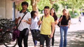 International students walk together through a park.